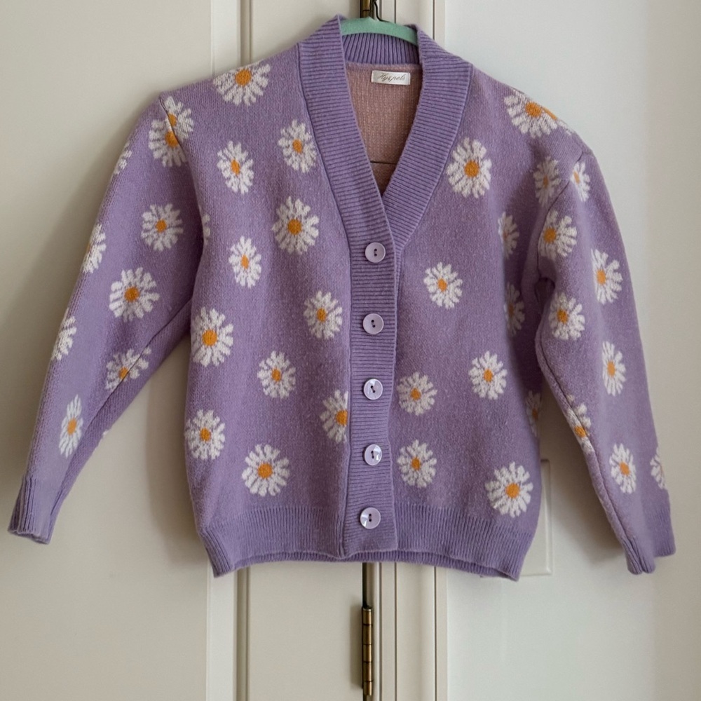 Purple and White Floral Cardigan Sweater